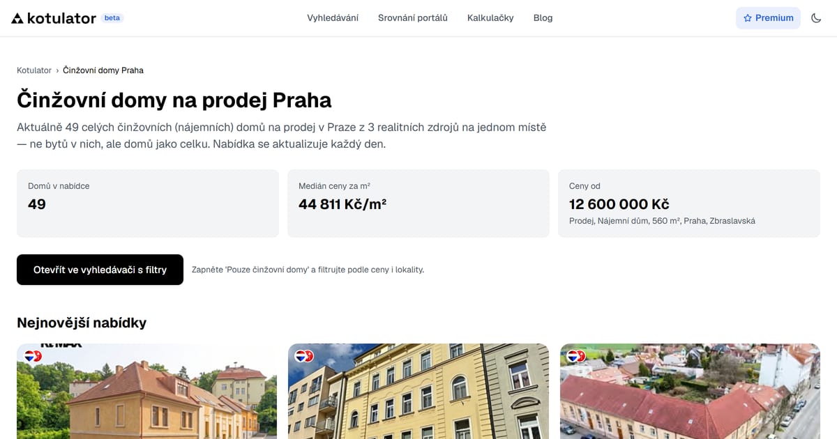 Přehled činžovních domů na prodej v Praze na Kotulatoru — počet nabídek, medián ceny za m² a nejlevnější aktuální nabídka
