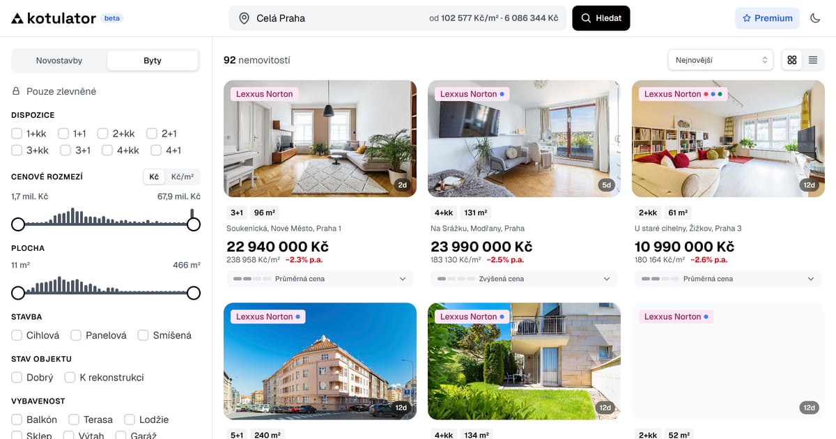 Kotulator — srovnání bytů s cenou za m² a hodnocením ceny u každé nabídky