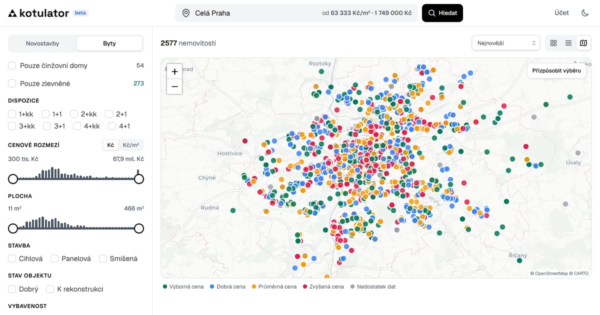 Mapa bytů a novostaveb v Kotulatoru — barva každého bodu odpovídá hodnocení ceny za m², filtry zůstávají v postranním panelu