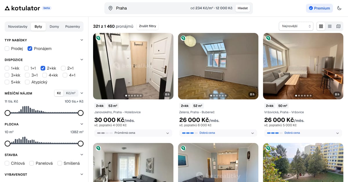 Pronájmy 2+kk v Praze v Kotulatoru — u každého bytu nájem včetně poplatků a hodnocení ceny oproti podobným pronájmům